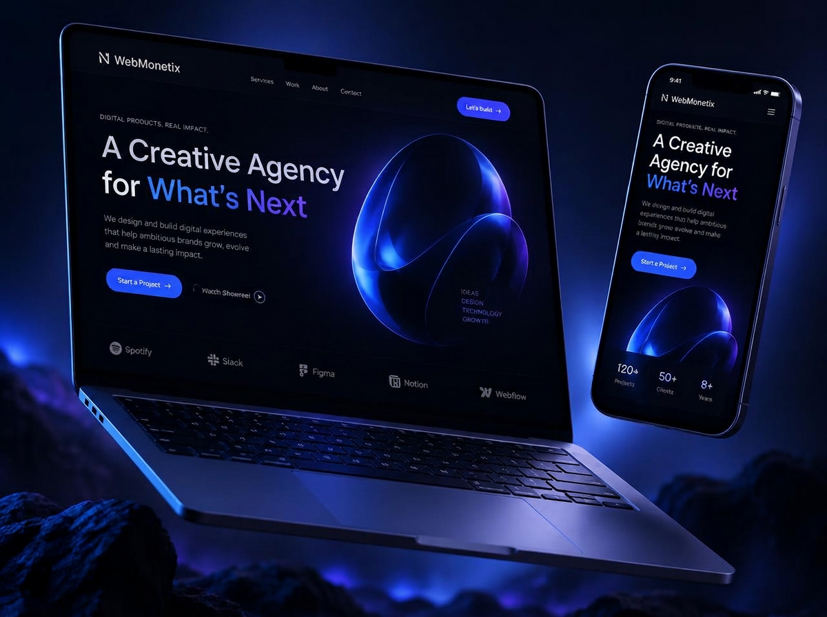 Laptop and phone displaying modern responsive dark-themed WebMonetix website design