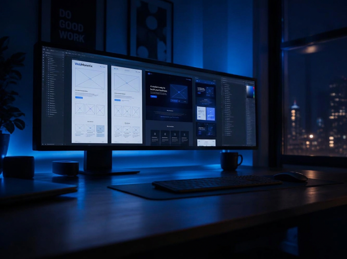 WebMonetix designer workspace showcasing responsive UI/UX wireframes on ultrawide monitor